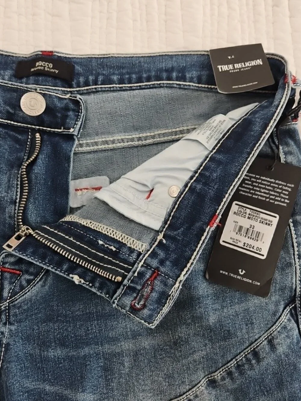 True Religion Rocco Moto Jeans‎ Men's 33x32 Med Wash NEW Relaxed Skinny 700680